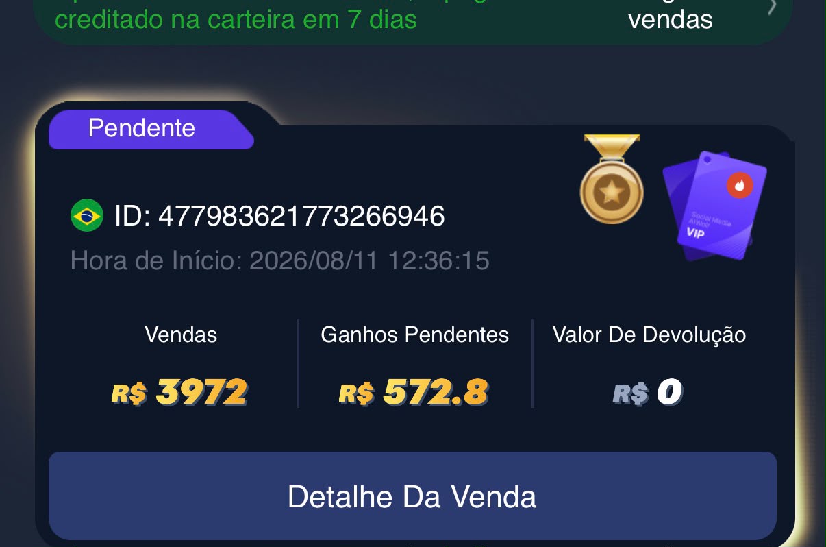 Painel do aplicativo com saldo e ganhos da conta