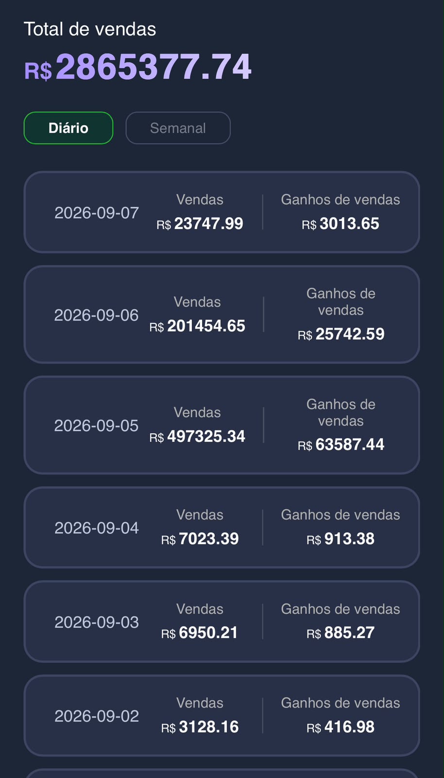 Detalhe de uma venda registrada no aplicativo